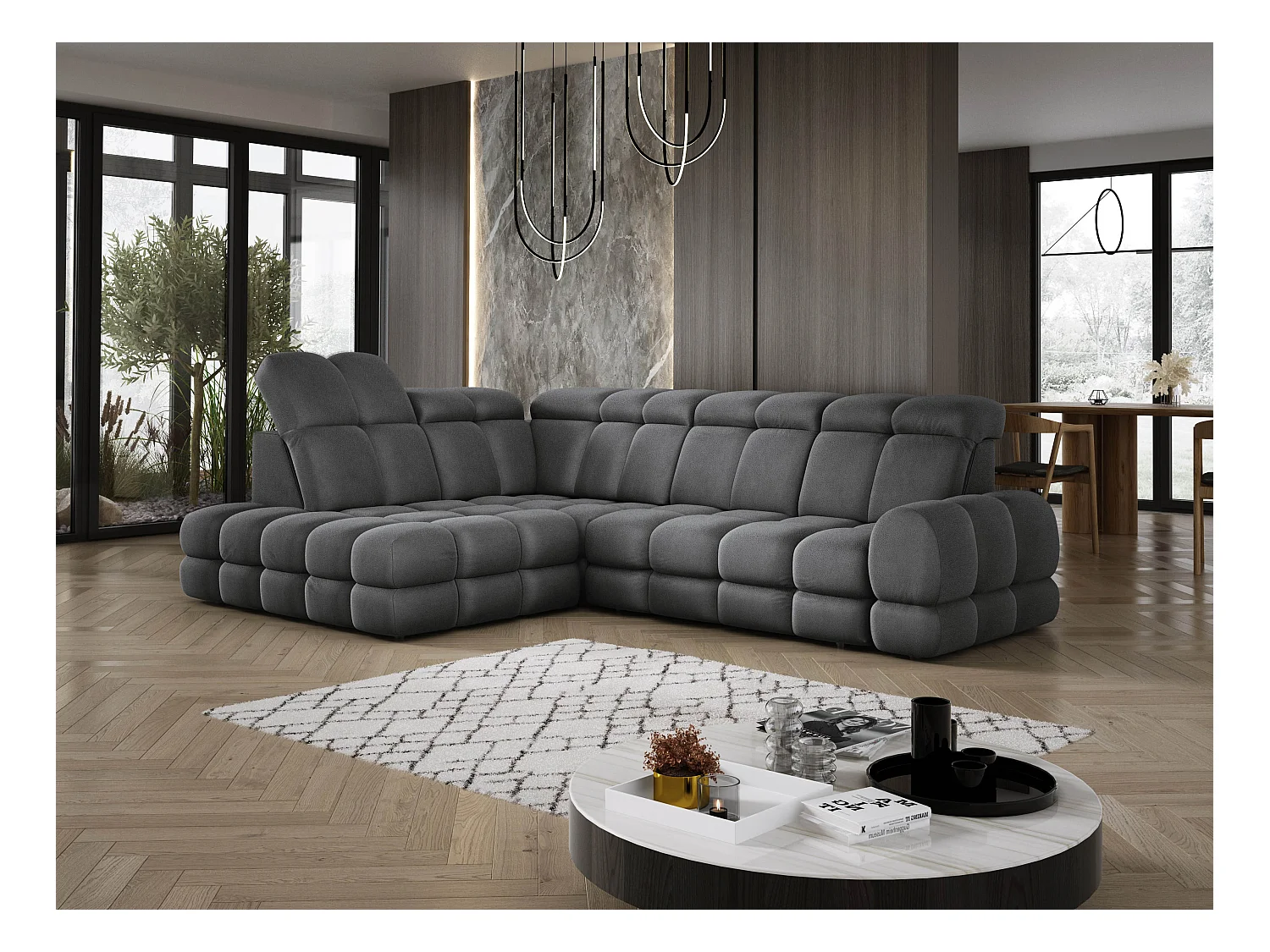 Ecksofa Tollo Grau Solar-Stoff links 302x217x105 cm, L-Form, Schlaffunktion, Bettkasten 120x85x17 cm, elektrisch verstellbar