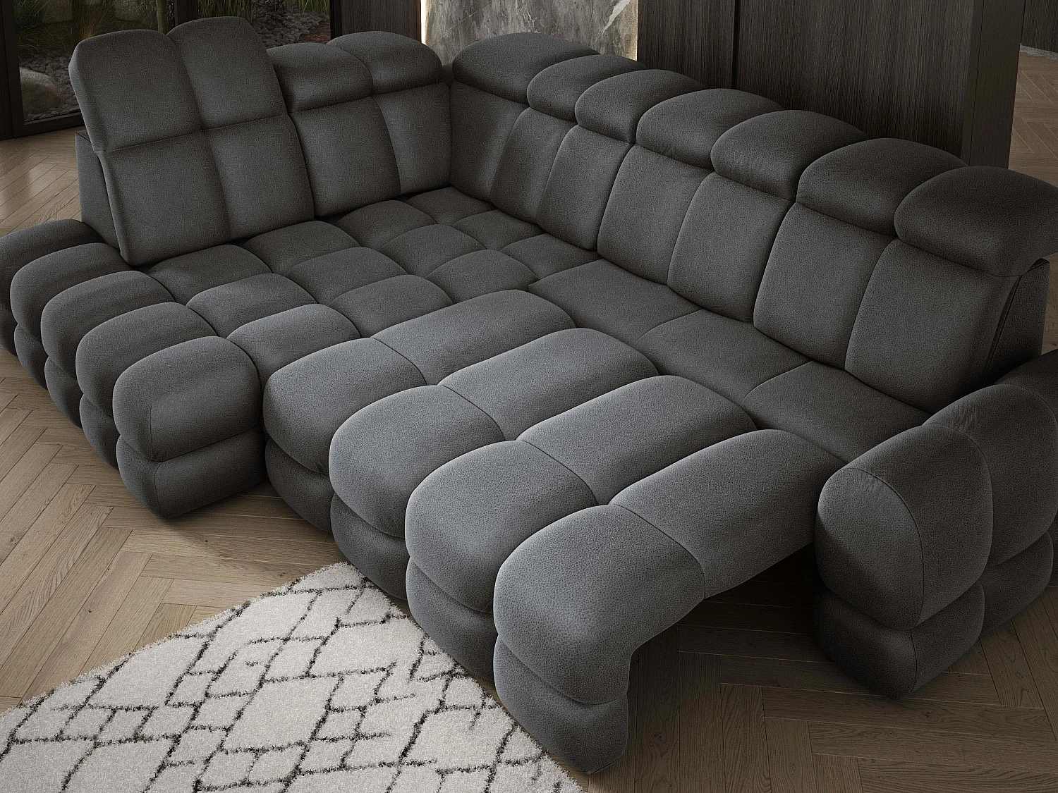 Hoekbank Tollo Grijs Solar-stof Linkerzijde 302x217x105 cm, L-vorm bank met slaapfunctie, opbergruimte 120x85x17 cm, elektrisch verstelbaar