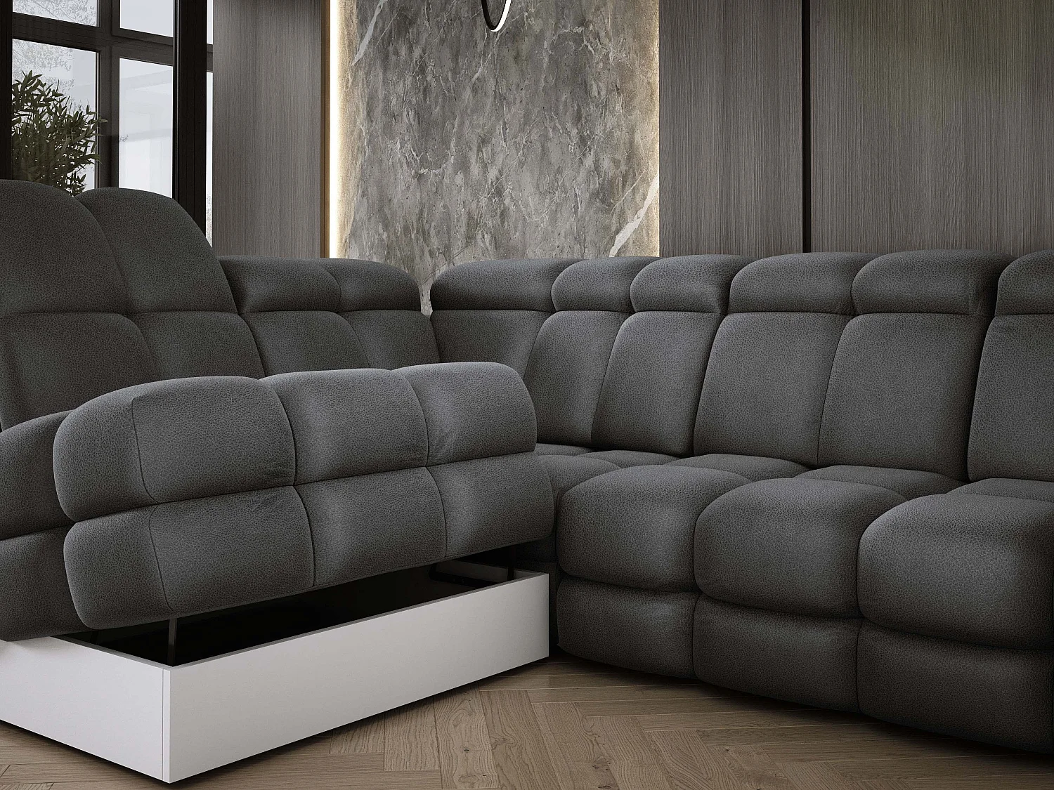 Hoekbank Tollo Grijs Solar-stof Linkerzijde 302x217x105 cm, L-vorm bank met slaapfunctie, opbergruimte 120x85x17 cm, elektrisch verstelbaar