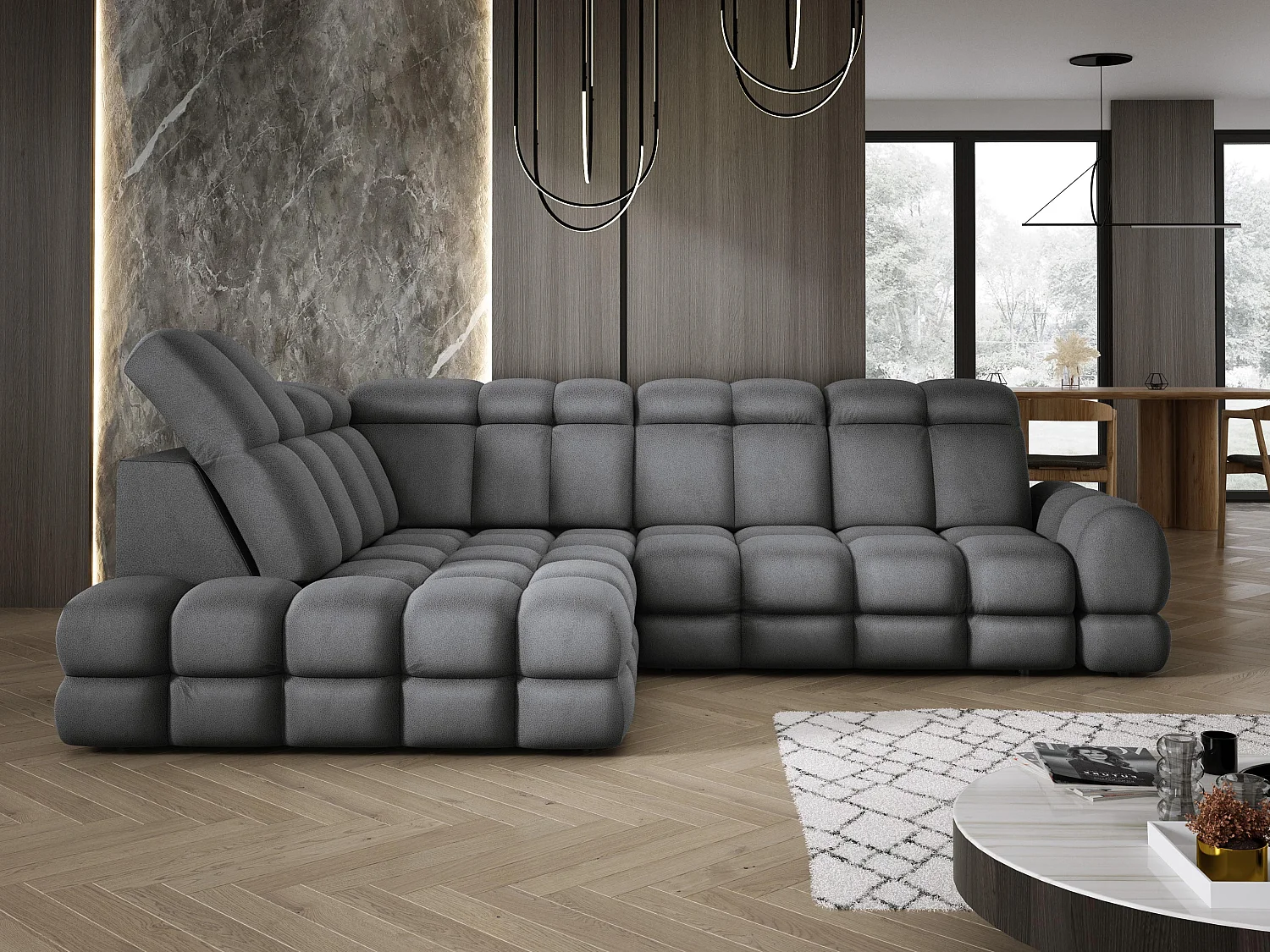 Hoekbank Tollo Grijs Solar-stof Linkerzijde 302x217x105 cm, L-vorm bank met slaapfunctie, opbergruimte 120x85x17 cm, elektrisch verstelbaar