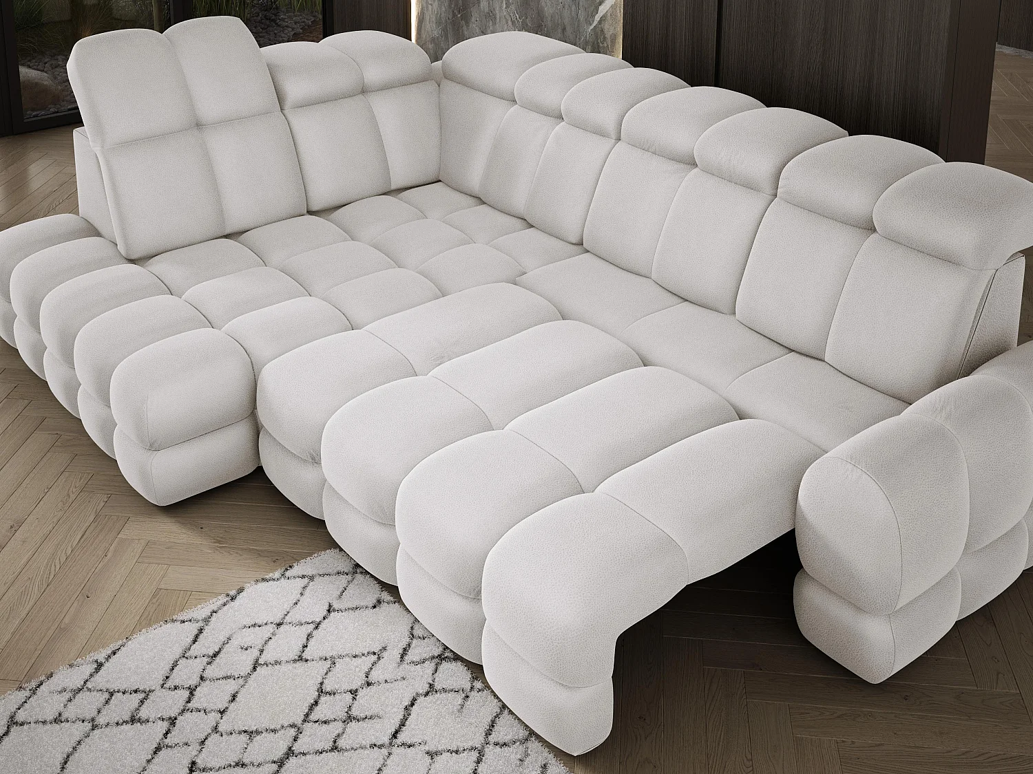 Narożnik Tollo Jesion Solar-Tkanina Lewa 302x217x105 cm, Sofa L z funkcją spania, pojemnik 120x85x17 cm, elektryczna regulacja