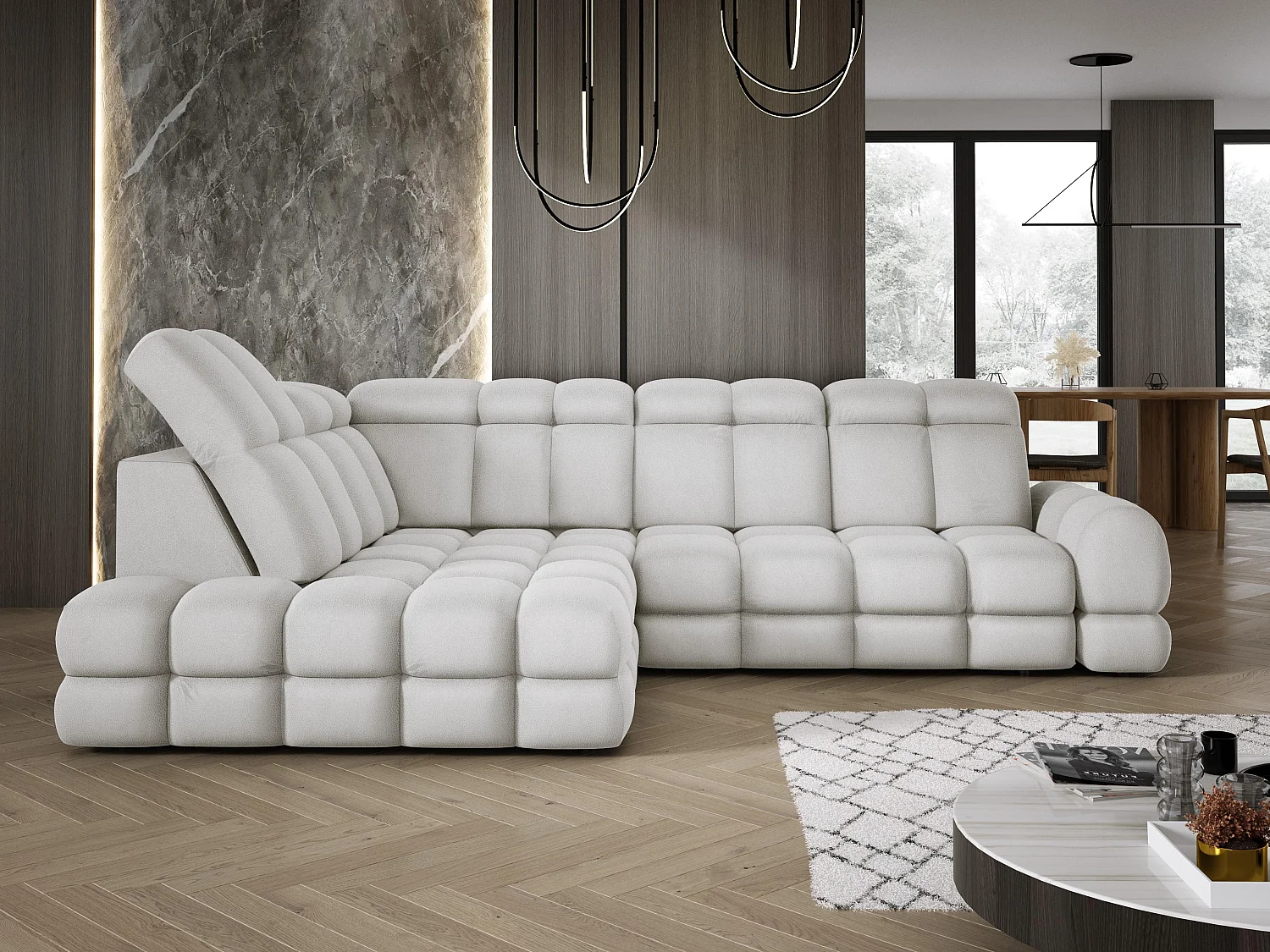 Narożnik Tollo Jesion Solar-Tkanina Lewa 302x217x105 cm, Sofa L z funkcją spania, pojemnik 120x85x17 cm, elektryczna regulacja