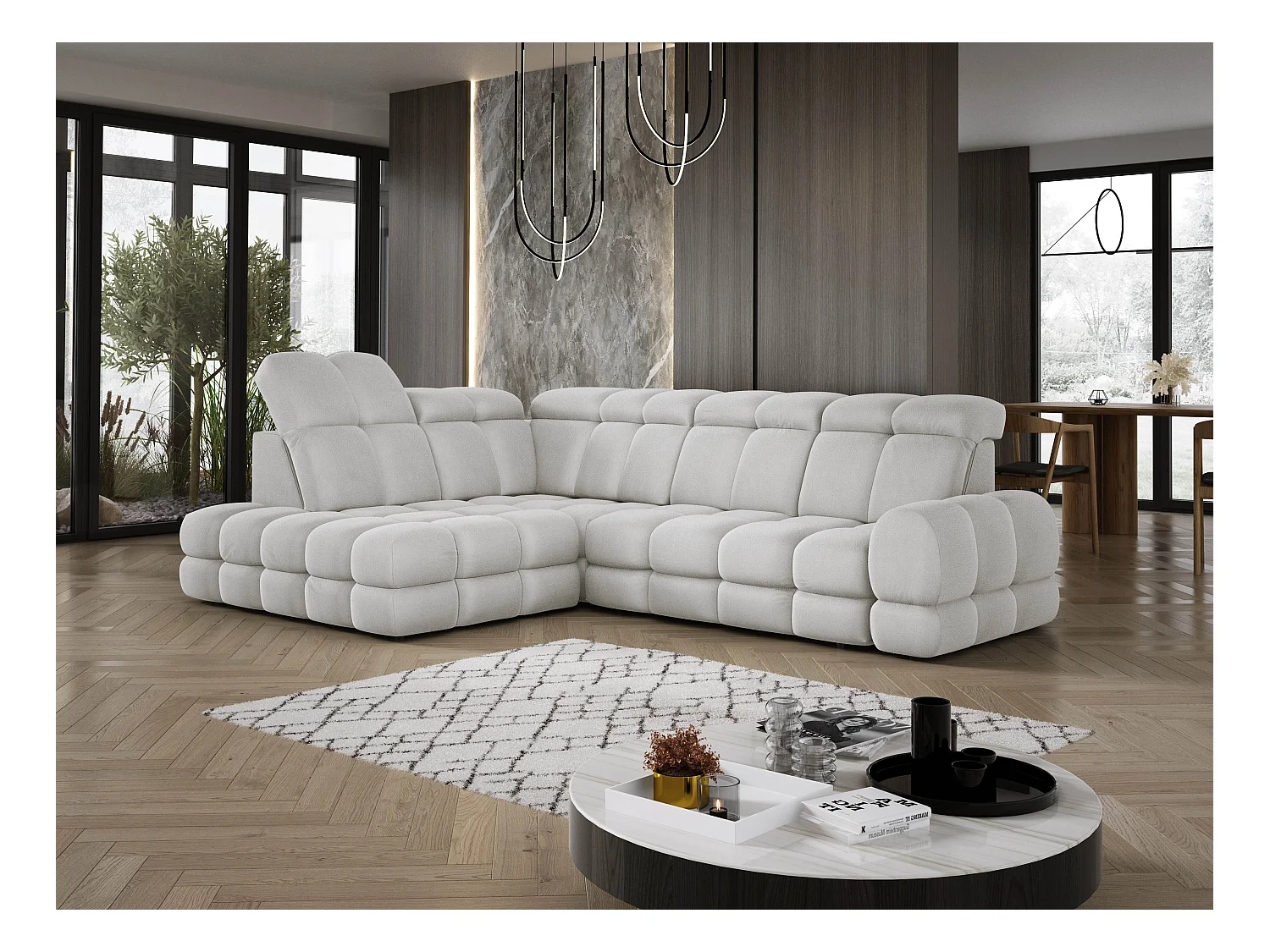 Ecksofa Tollo Esche Solar-Stoff links 302x217x105 cm, L-Form, Schlaffunktion, Bettkasten 120x85x17 cm, elektrisch verstellbar