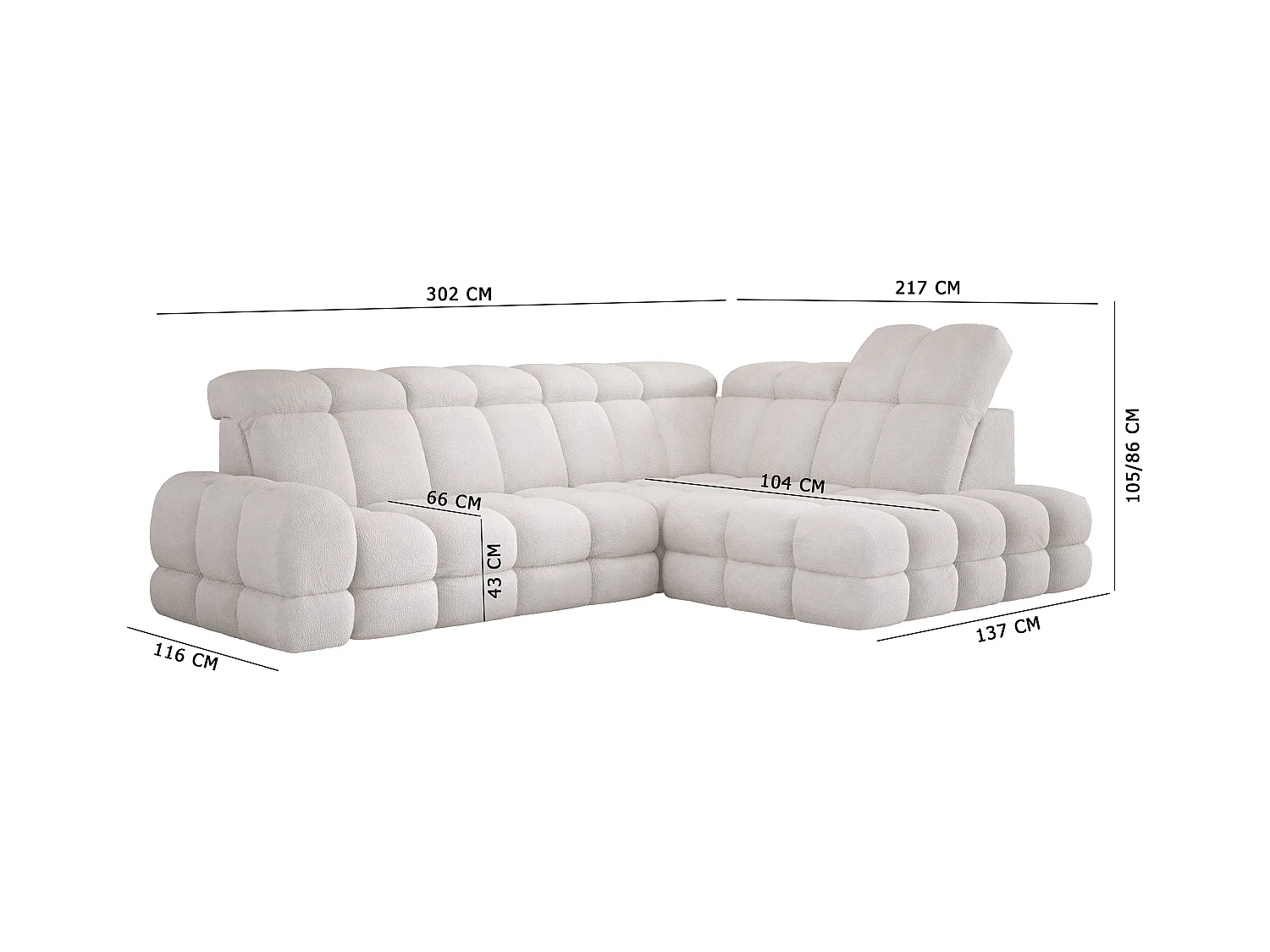 Ecksofa Tollo Esche Solar-Stoff links 302x217x105 cm, L-Form, Schlaffunktion, Bettkasten 120x85x17 cm, elektrisch verstellbar