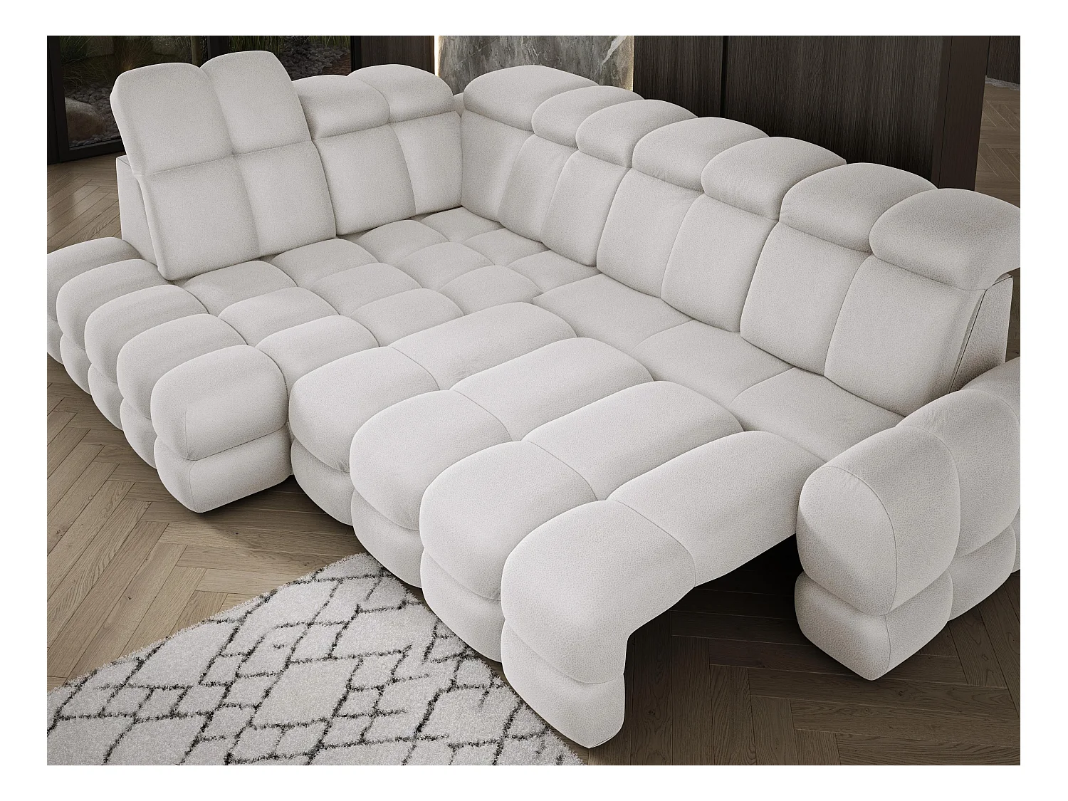 Ecksofa Tollo Esche Solar-Stoff links 302x217x105 cm, L-Form, Schlaffunktion, Bettkasten 120x85x17 cm, elektrisch verstellbar