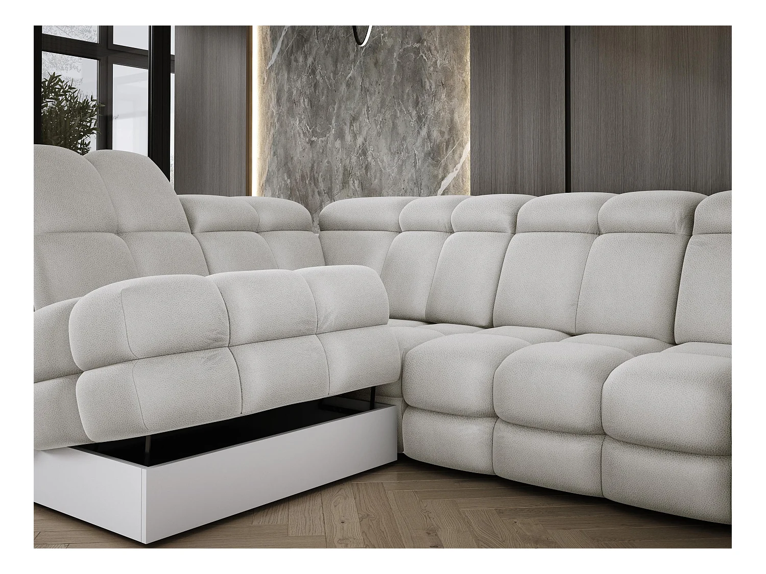 Ecksofa Tollo Esche Solar-Stoff links 302x217x105 cm, L-Form, Schlaffunktion, Bettkasten 120x85x17 cm, elektrisch verstellbar