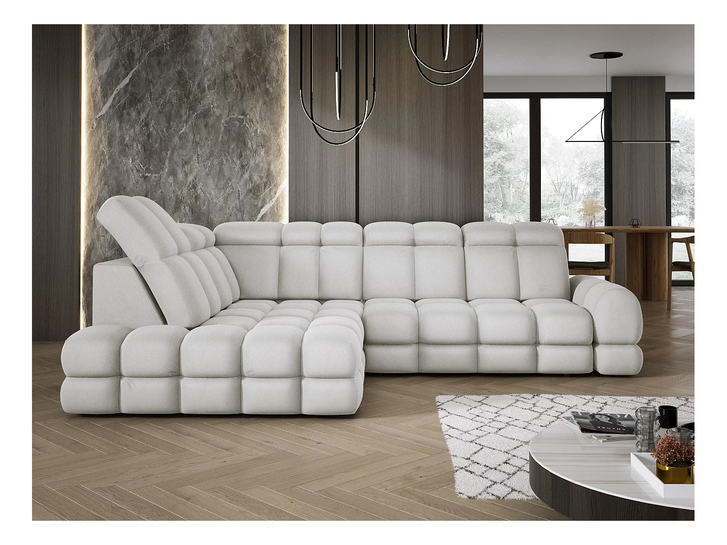 Ecksofa Tollo Esche Solar-Stoff links 302x217x105 cm, L-Form, Schlaffunktion, Bettkasten 120x85x17 cm, elektrisch verstellbar