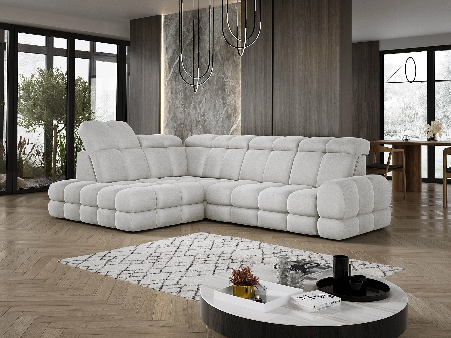 Canapé d'angle Tollo Frêne tissu Solar côté gauche 302x217x105 cm, forme L, convertible, coffre 120x85x17 cm, réglage électrique