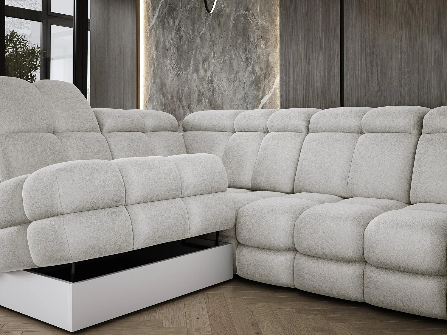 Canapé d'angle Tollo Frêne tissu Solar côté gauche 302x217x105 cm, forme L, convertible, coffre 120x85x17 cm, réglage électrique