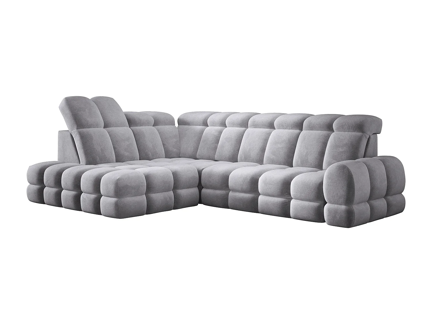 Canapé d'angle Tollo Gris tissu Salvador côté gauche 302x217x105 cm, forme L, convertible, coffre 120x85x17 cm, réglage électrique