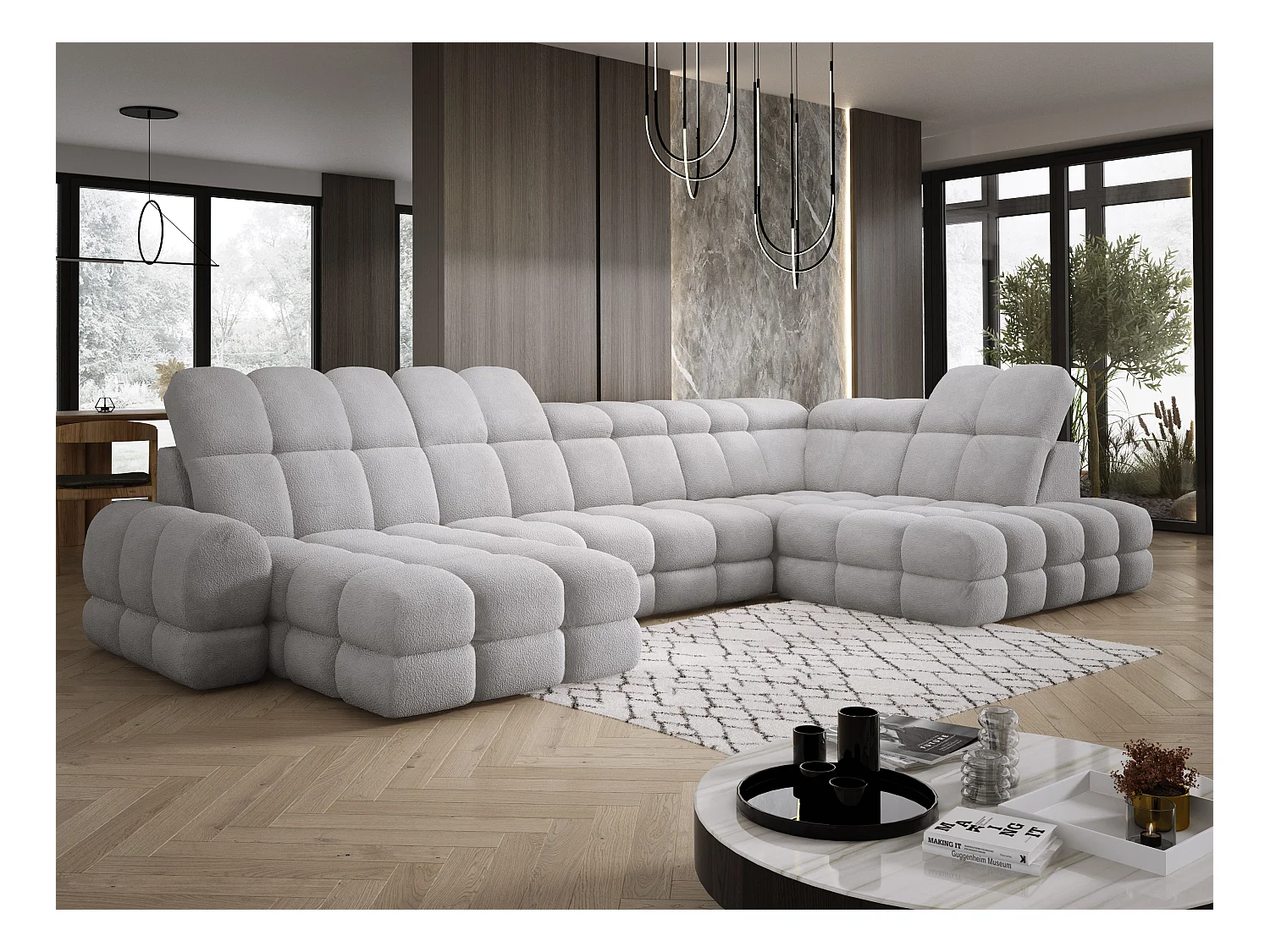 Canapé d’Angle Tollo Gris Tissu Anthology Côté Droit 400x217x105 cm, Forme U, Convertible, Coffre 120x85x17 cm, Réglable Électrique