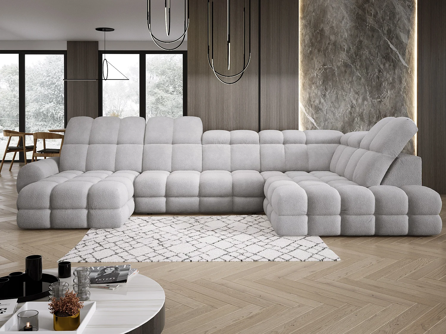 Canapé d’Angle Tollo Gris Tissu Anthology Côté Droit 400x217x105 cm, Forme U, Convertible, Coffre 120x85x17 cm, Réglable Électrique