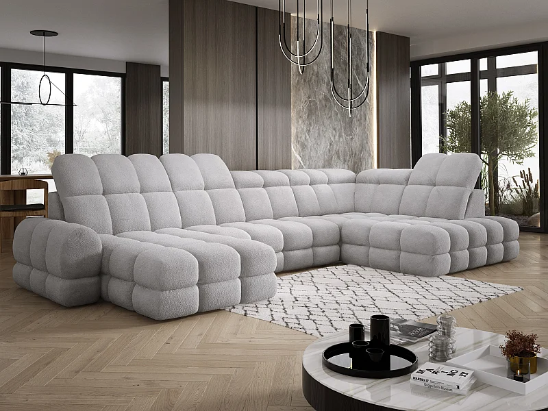 Canapé d’Angle Tollo Gris Tissu Anthology Côté Droit 400x217x105 cm, Forme U, Convertible, Coffre 120x85x17 cm, Réglable Électrique