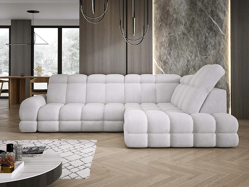 Canapé d'angle Tollo Argent tissu Anthology côté droit 302x217x105 cm, forme L, convertible, coffre 120x85x17 cm, réglable électriquement