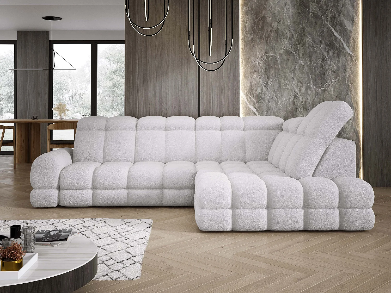 Canapé d'angle Tollo Argent tissu Anthology côté droit 302x217x105 cm, forme L, convertible, coffre 120x85x17 cm, réglable électriquement