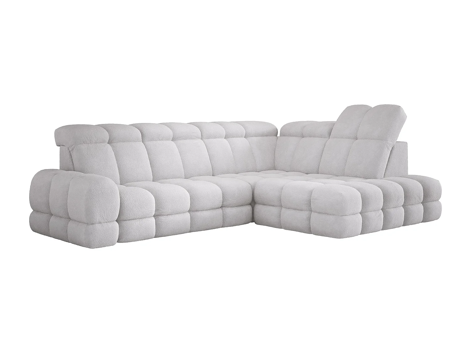 Canapé d'angle Tollo Argent tissu Anthology côté droit 302x217x105 cm, forme L, convertible, coffre 120x85x17 cm, réglable électriquement