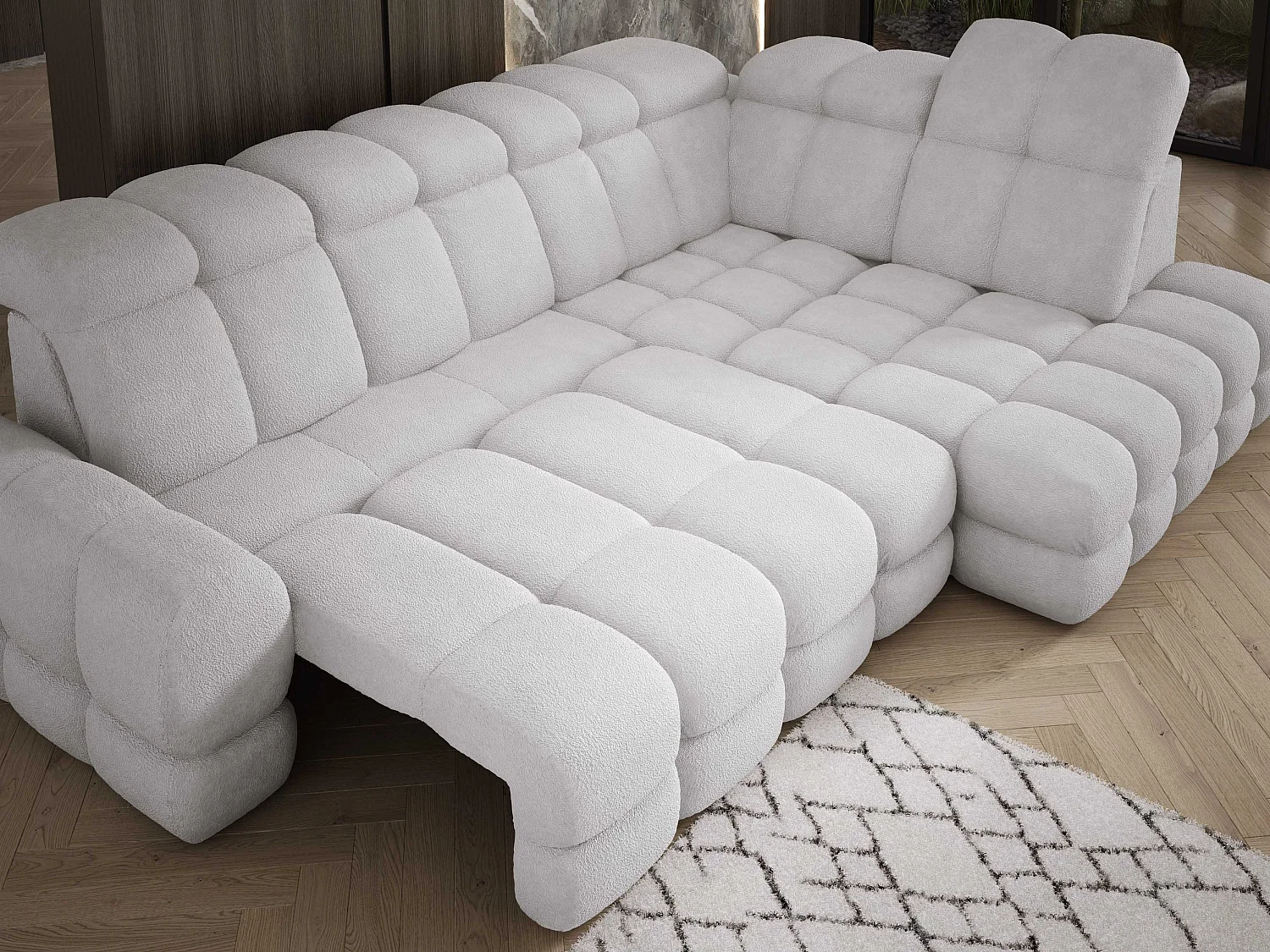 Canapé d'angle Tollo Argent tissu Anthology côté droit 302x217x105 cm, forme L, convertible, coffre 120x85x17 cm, réglable électriquement