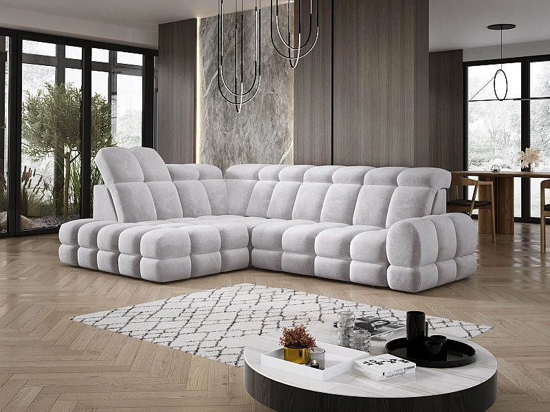 Ecksofa Tollo Silber Salvador-Stoff links 302x217x105 cm, L-Form, Schlaffunktion, Bettkasten 120x85x17 cm, elektrisch verstellbar