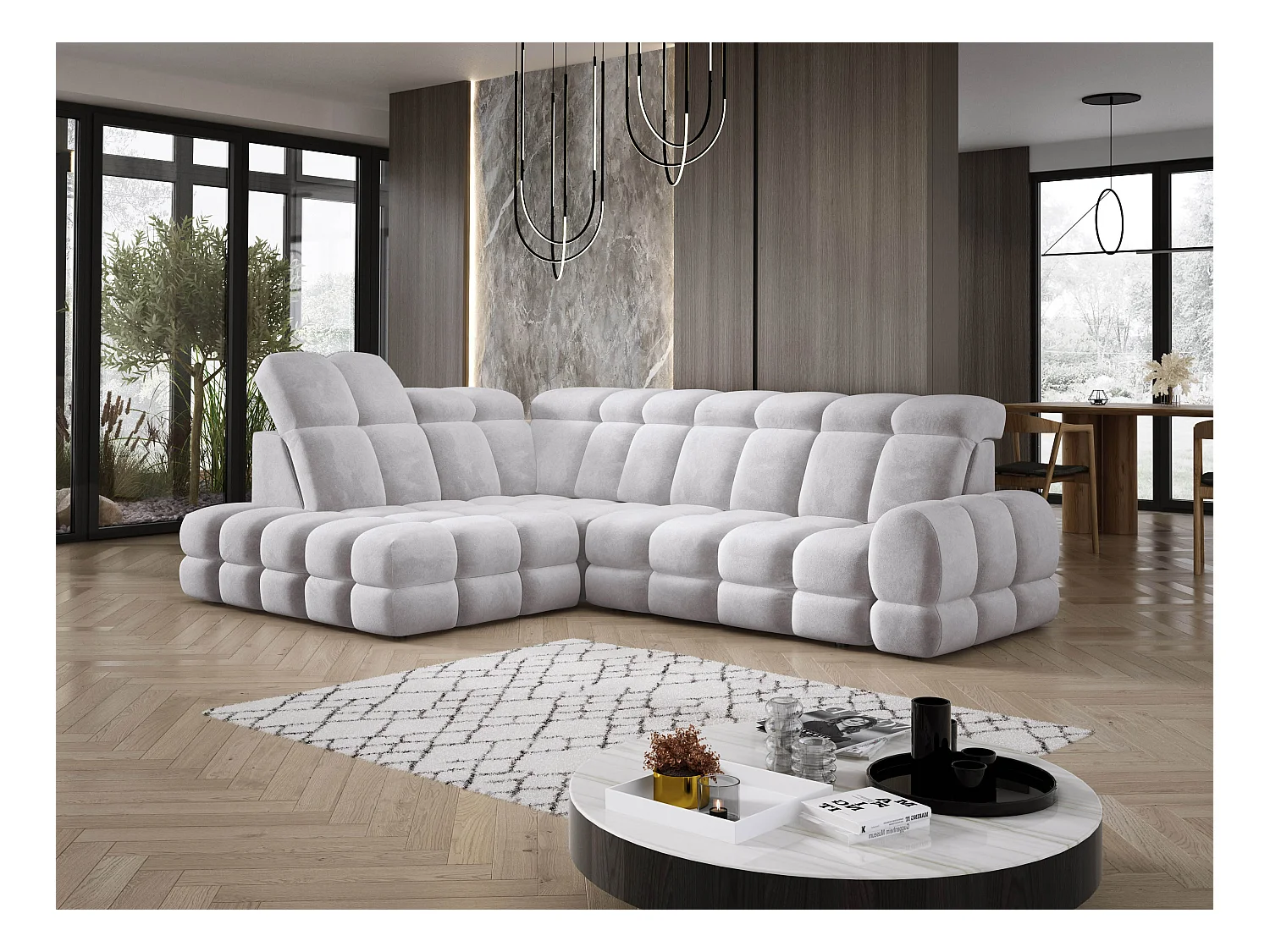 Narożnik Tollo Srebrny Salvador-Tkanina Lewa 302x217x105 cm, Sofa L z funkcją spania, pojemnik 120x85x17 cm, elektryczna regulacja