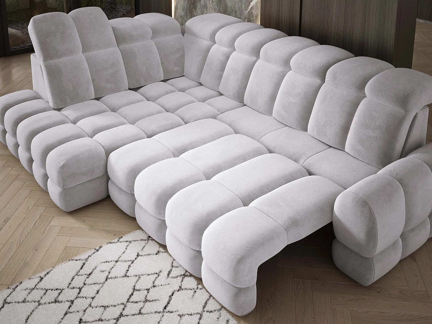 Narożnik Tollo Srebrny Salvador-Tkanina Lewa 302x217x105 cm, Sofa L z funkcją spania, pojemnik 120x85x17 cm, elektryczna regulacja