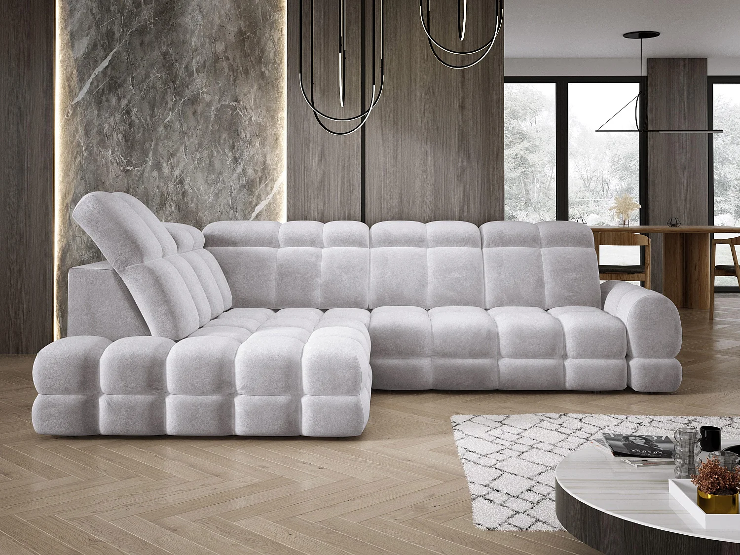 Narożnik Tollo Srebrny Salvador-Tkanina Lewa 302x217x105 cm, Sofa L z funkcją spania, pojemnik 120x85x17 cm, elektryczna regulacja