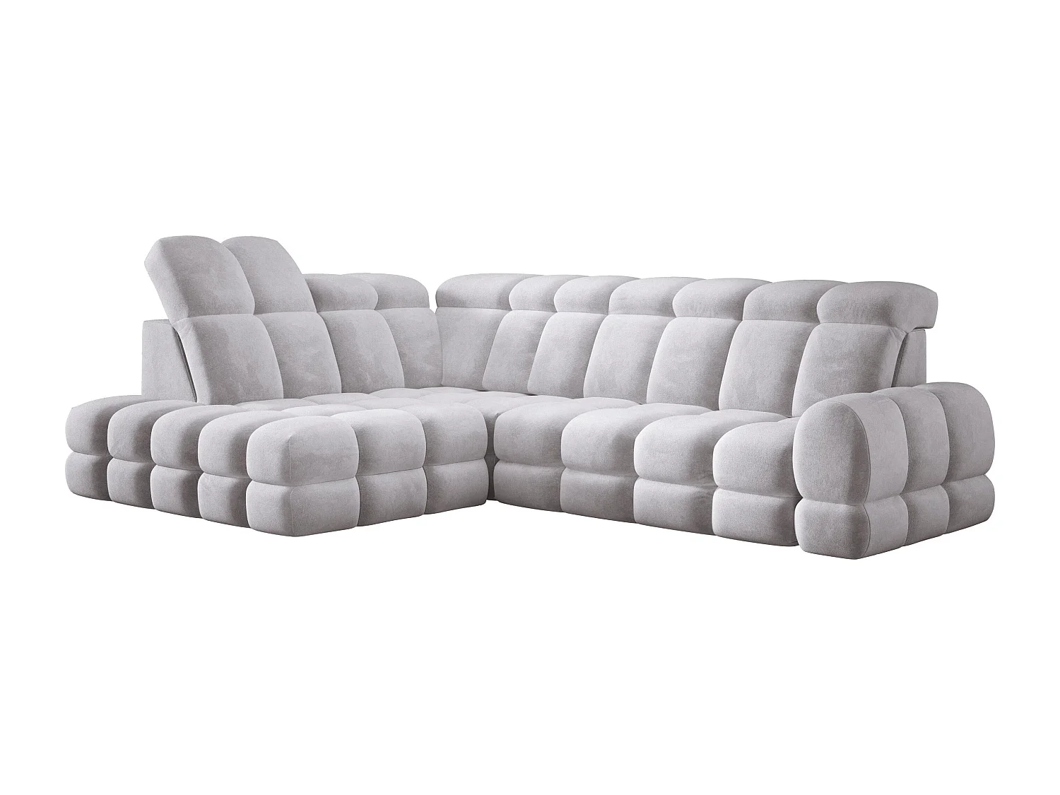 Canapé d'angle Tollo Argent tissu Salvador côté gauche 302x217x105 cm, forme L, convertible, coffre 120x85x17 cm, réglage électrique