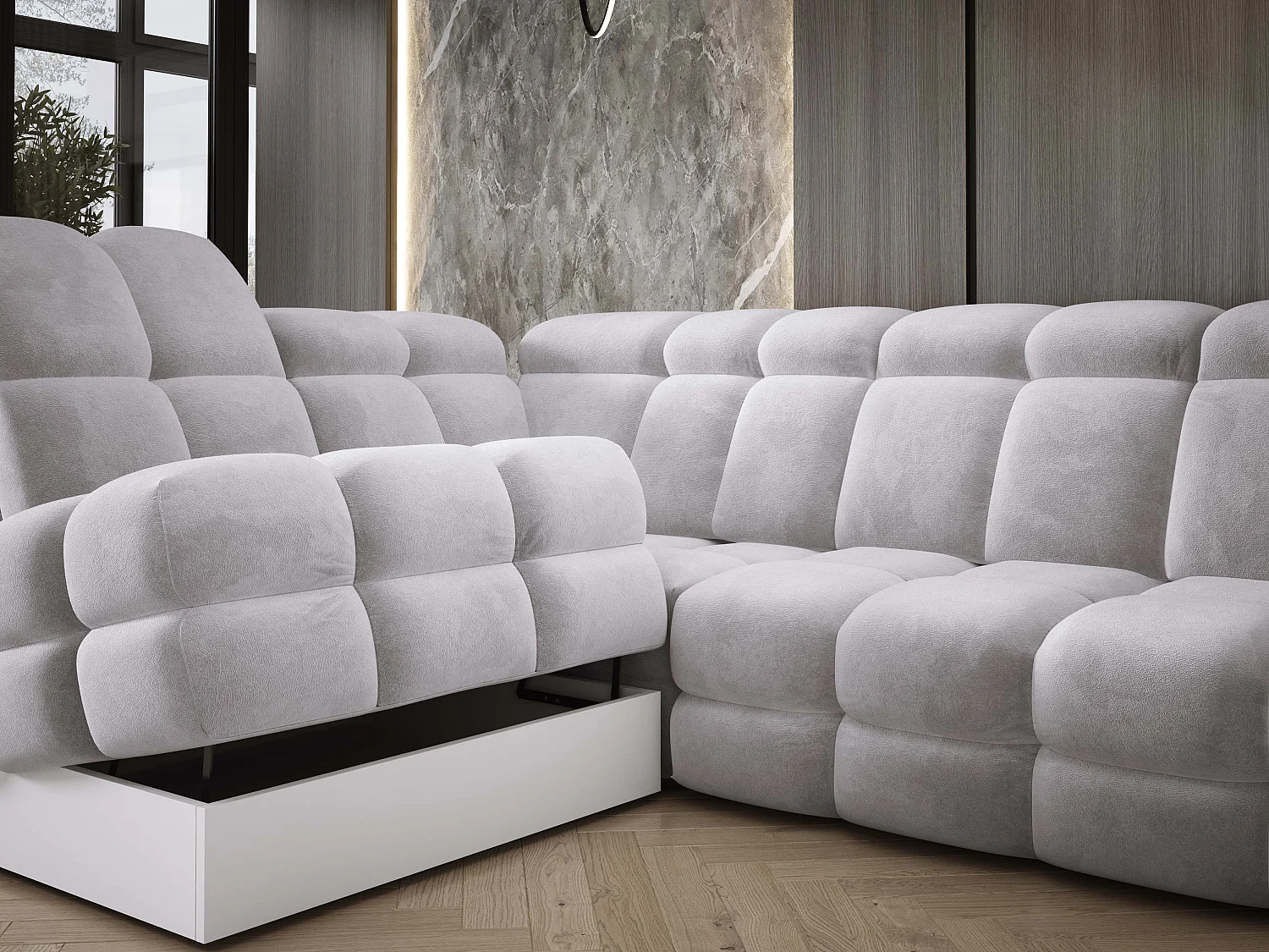 Canapé d'angle Tollo Argent tissu Salvador côté gauche 302x217x105 cm, forme L, convertible, coffre 120x85x17 cm, réglage électrique