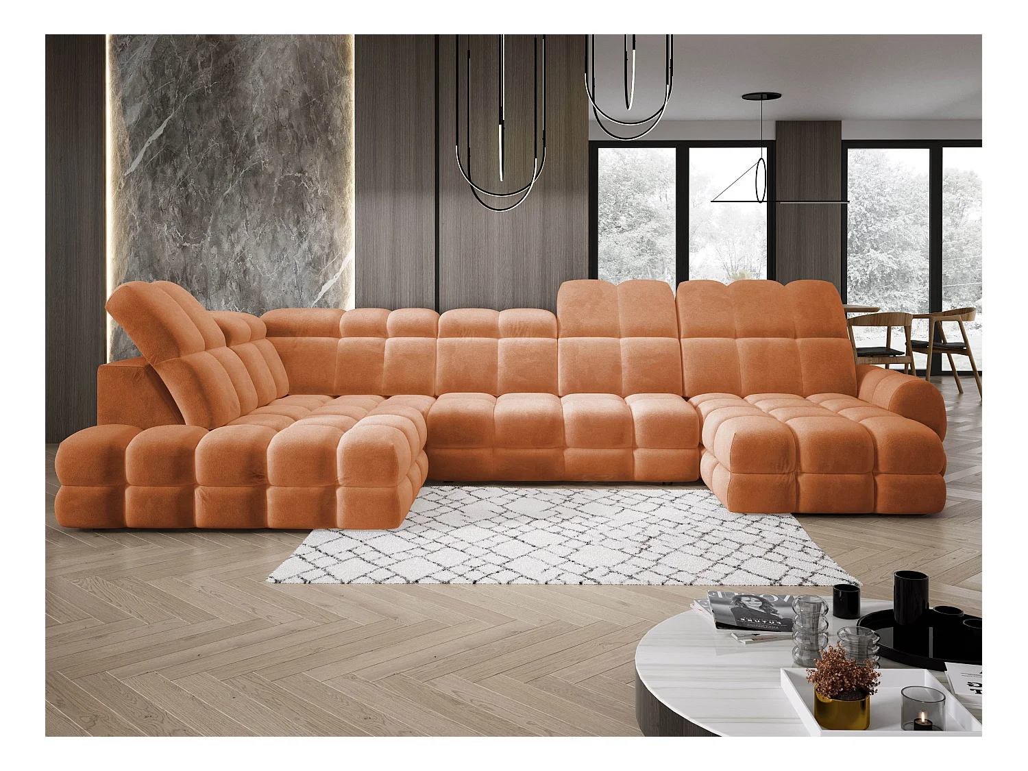 Canapé d’angle Tollo Orange tissu Salvador côté gauche 400x217x105 cm, U-Form avec couchage, coffre 120x85x17 cm, réglable électriquement