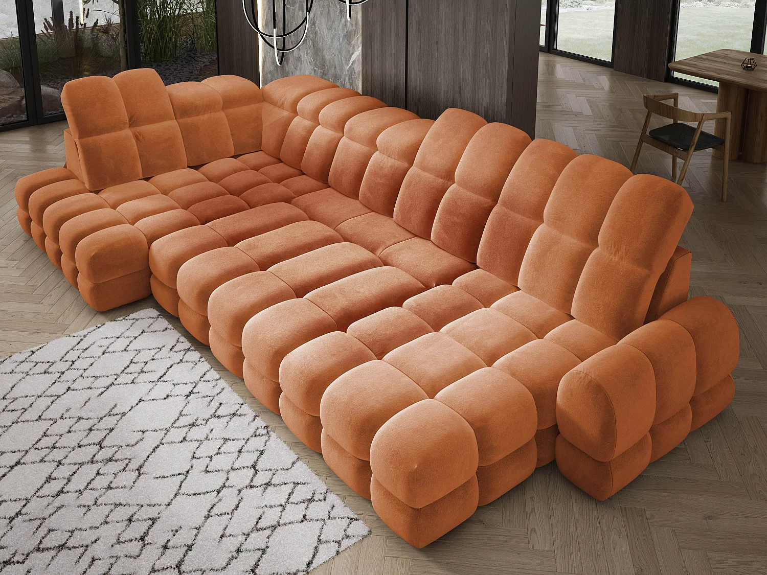 Canapé d’angle Tollo Orange tissu Salvador côté gauche 400x217x105 cm, U-Form avec couchage, coffre 120x85x17 cm, réglable électriquement
