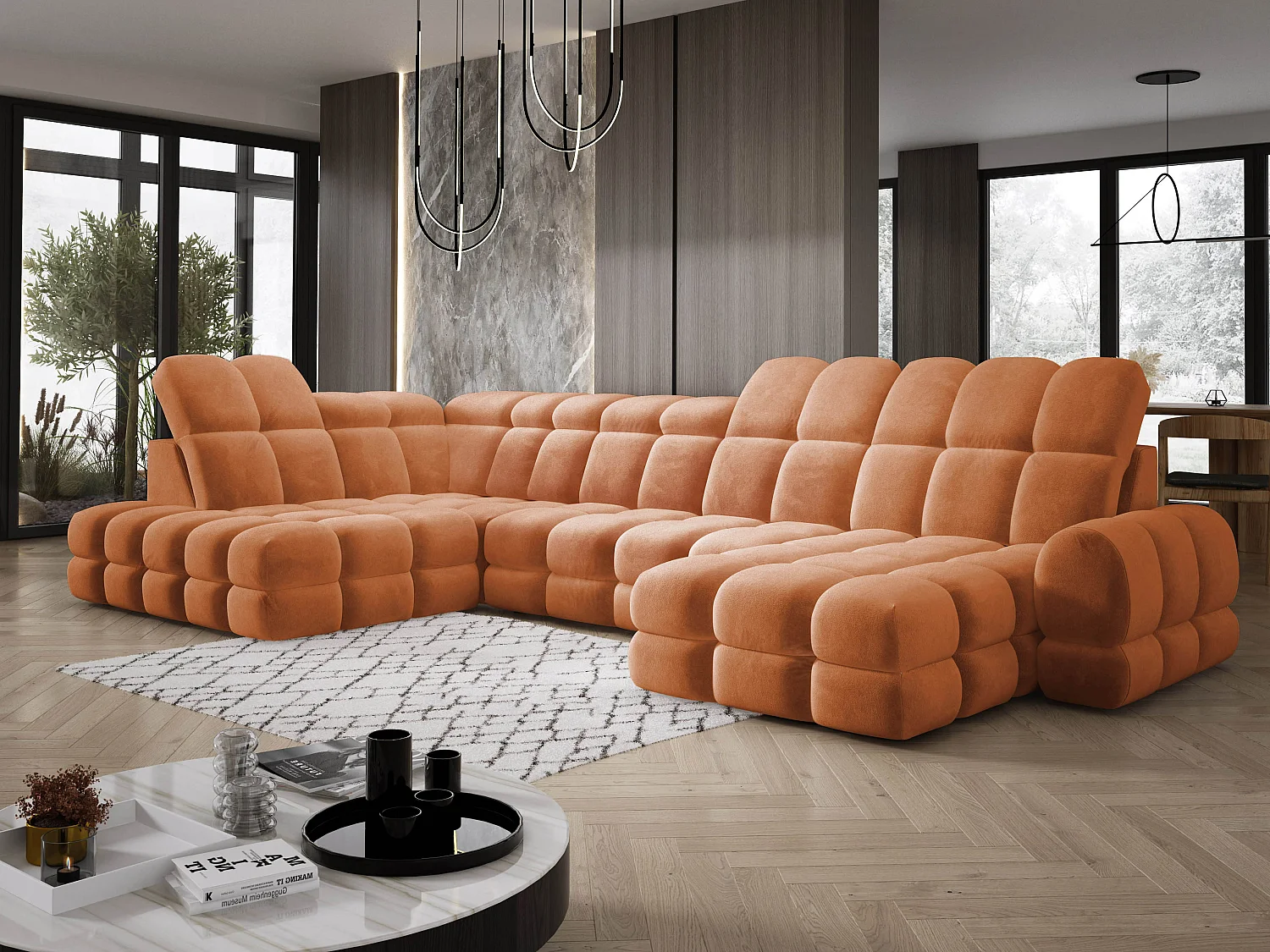 Canapé d’angle Tollo Orange tissu Salvador côté gauche 400x217x105 cm, U-Form avec couchage, coffre 120x85x17 cm, réglable électriquement