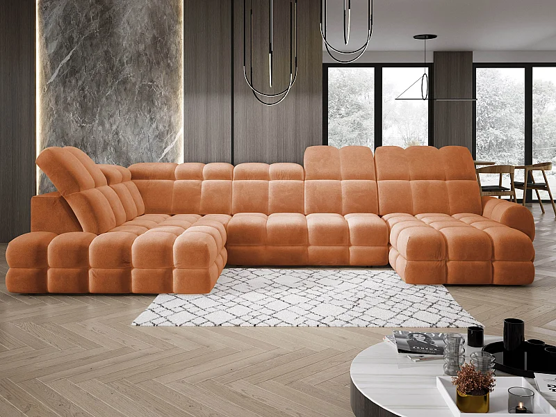 Canapé d’angle Tollo Orange tissu Salvador côté gauche 400x217x105 cm, U-Form avec couchage, coffre 120x85x17 cm, réglable électriquement