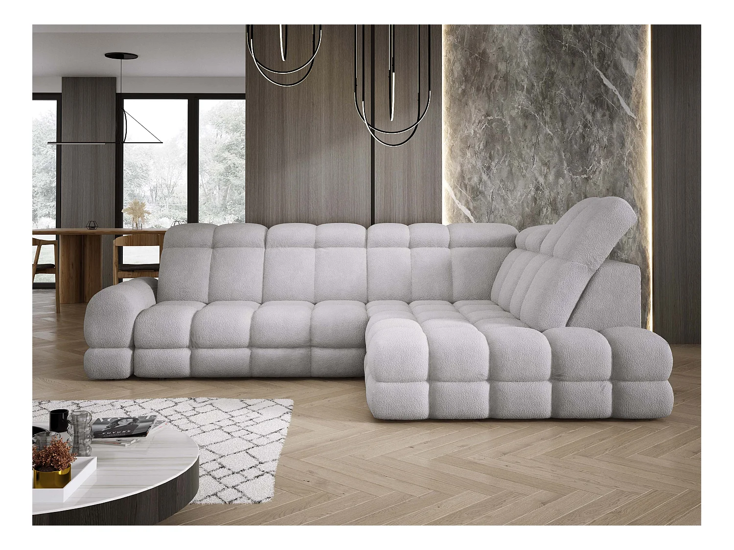 Narożnik Tollo Szary Anthology, Prawa 302x217x105 cm, L-kształtny, Spanie, Pojemnik 120x85x17 cm, Elektryczna Regulacja