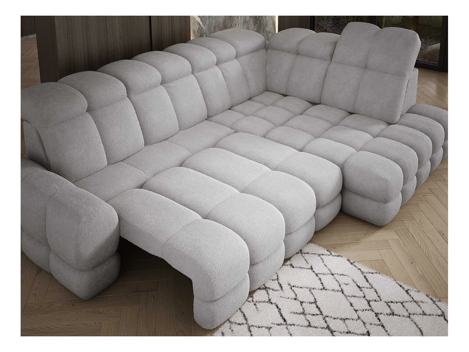 Narożnik Tollo Szary Anthology, Prawa 302x217x105 cm, L-kształtny, Spanie, Pojemnik 120x85x17 cm, Elektryczna Regulacja