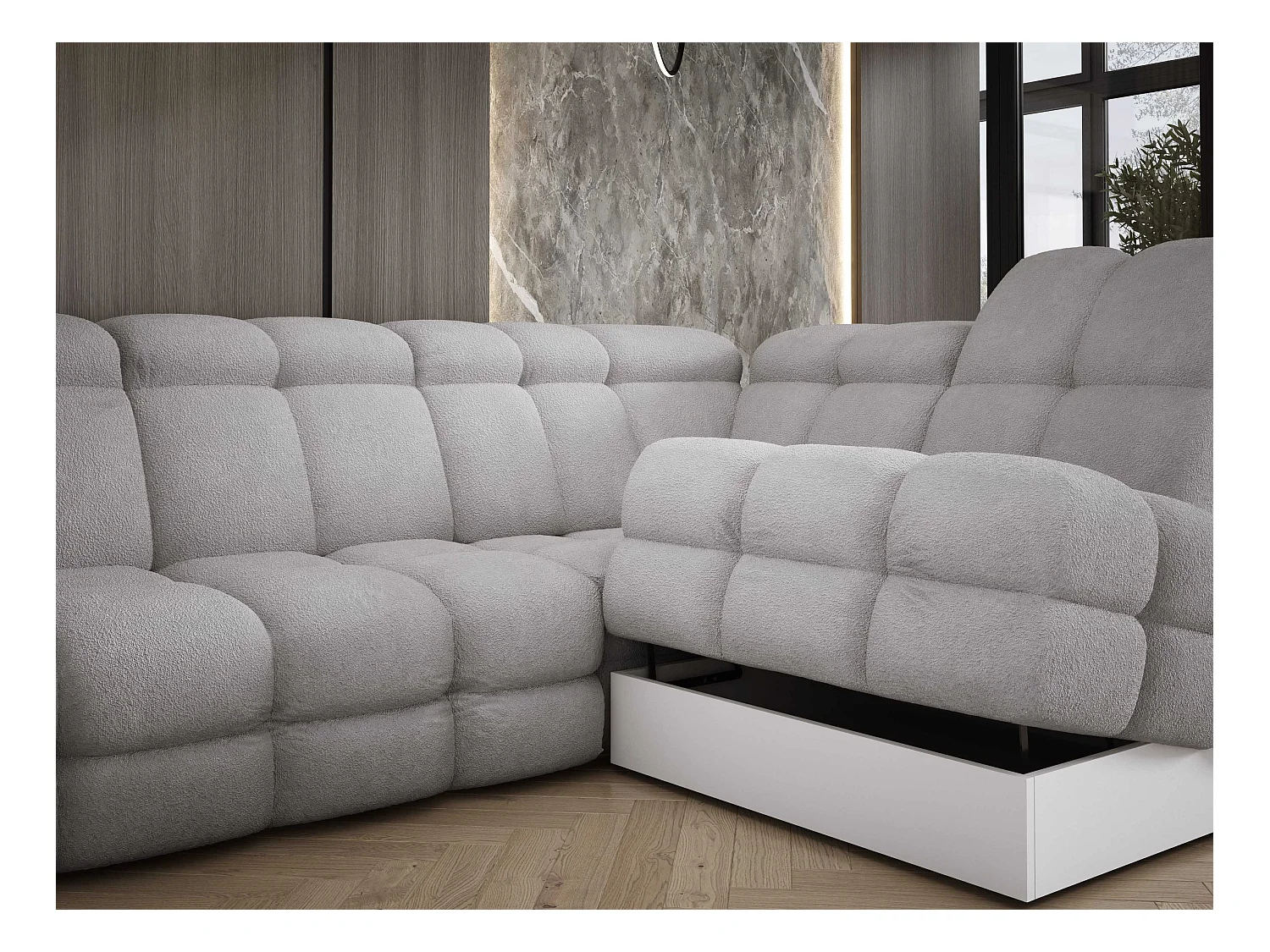 Narożnik Tollo Szary Anthology, Prawa 302x217x105 cm, L-kształtny, Spanie, Pojemnik 120x85x17 cm, Elektryczna Regulacja