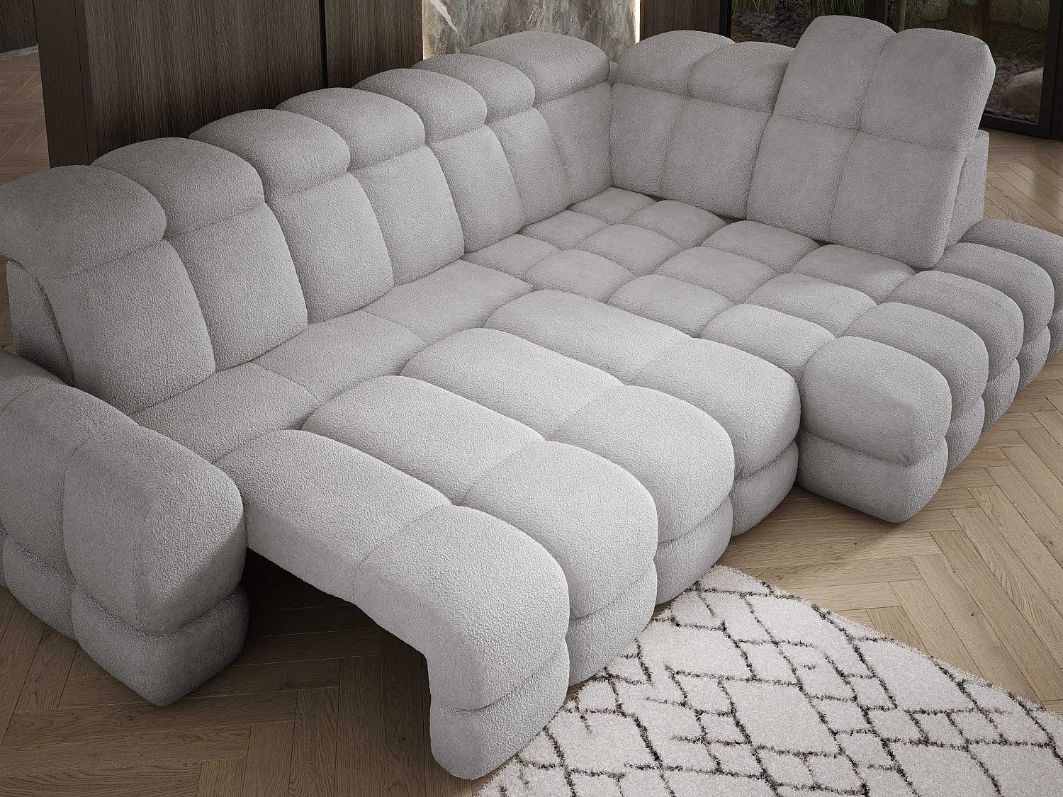 Canapé d'angle Tollo Gris tissu Anthology côté droit 302x217x105 cm, forme L, convertible, coffre 120x85x17 cm, réglable électriquement