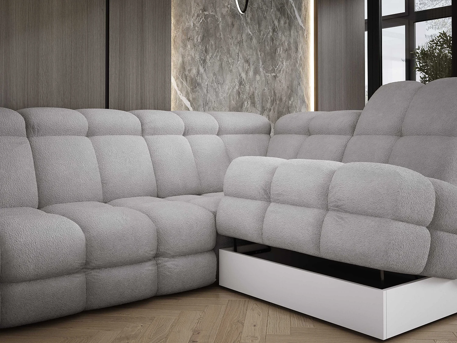 Canapé d'angle Tollo Gris tissu Anthology côté droit 302x217x105 cm, forme L, convertible, coffre 120x85x17 cm, réglable électriquement