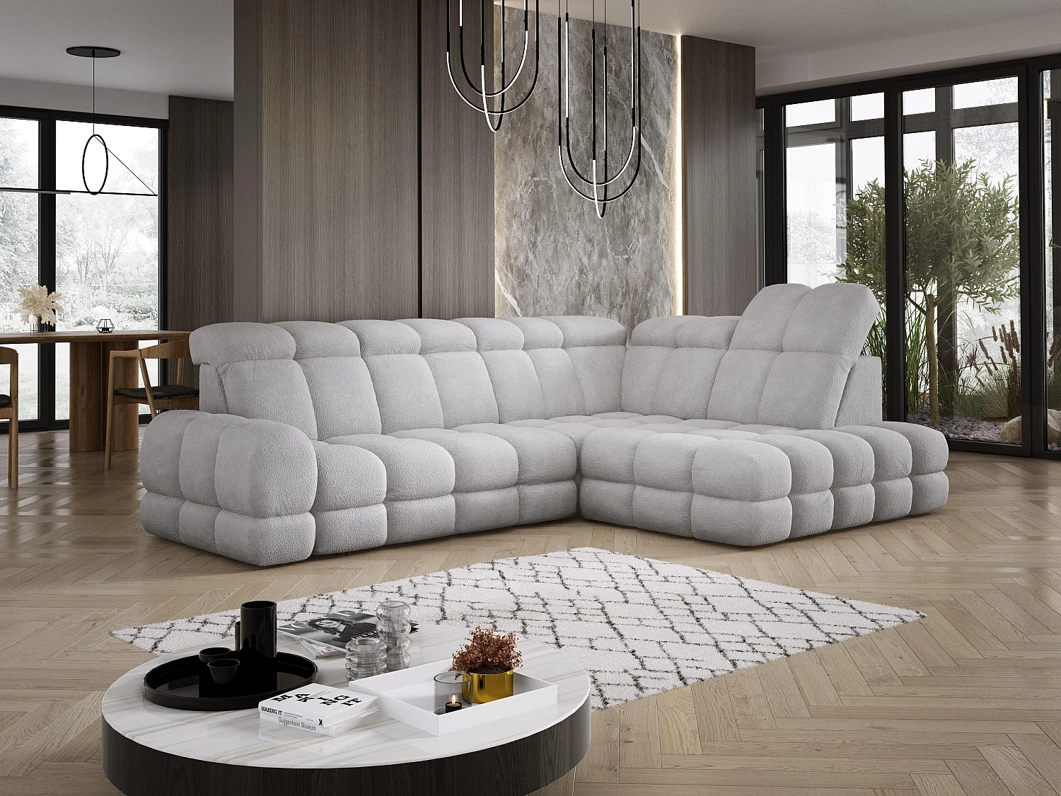 Canapé d'angle Tollo Gris tissu Anthology côté droit 302x217x105 cm, forme L, convertible, coffre 120x85x17 cm, réglable électriquement