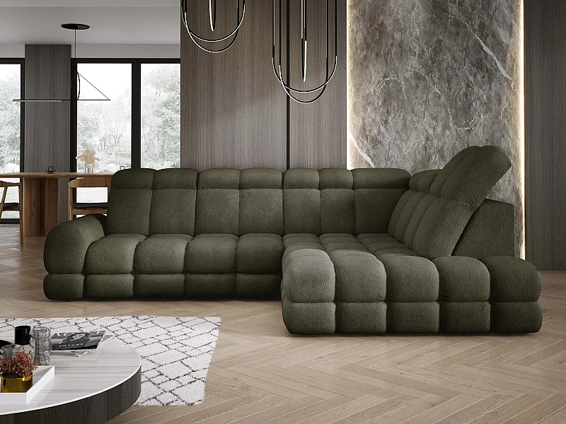 Ecksofa Tollo Grün Anthology-Stoff Rechts 302x217x105 cm, L-Form mit Schlaffunktion, Bettkasten 120x85x17 cm, Elektrisch Verstellbar