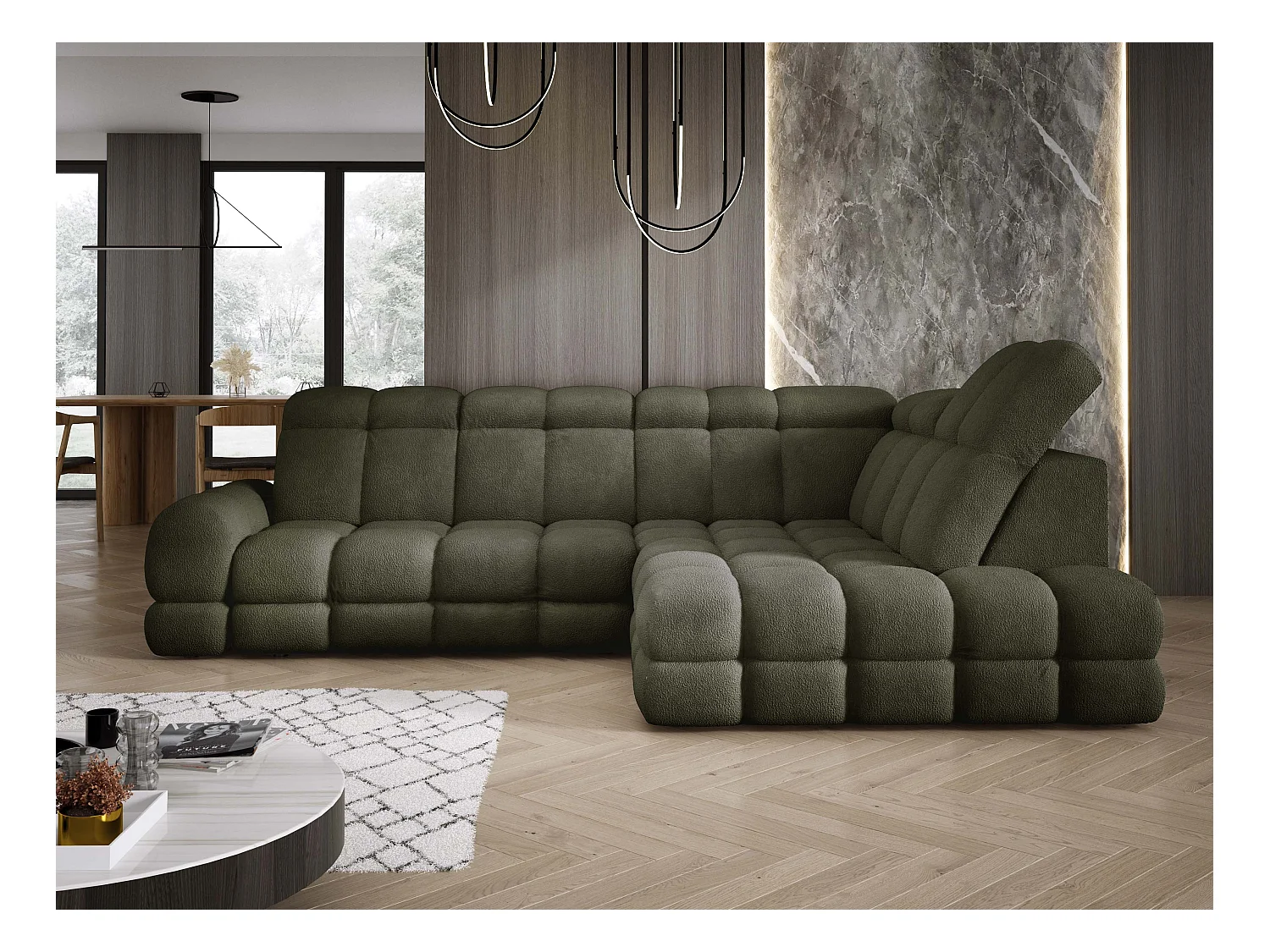 Narożnik Tollo Zielony Anthology, Prawa 302x217x105 cm, L-kształtny, Spanie, Pojemnik 120x85x17 cm, Elektryczna Regulacja