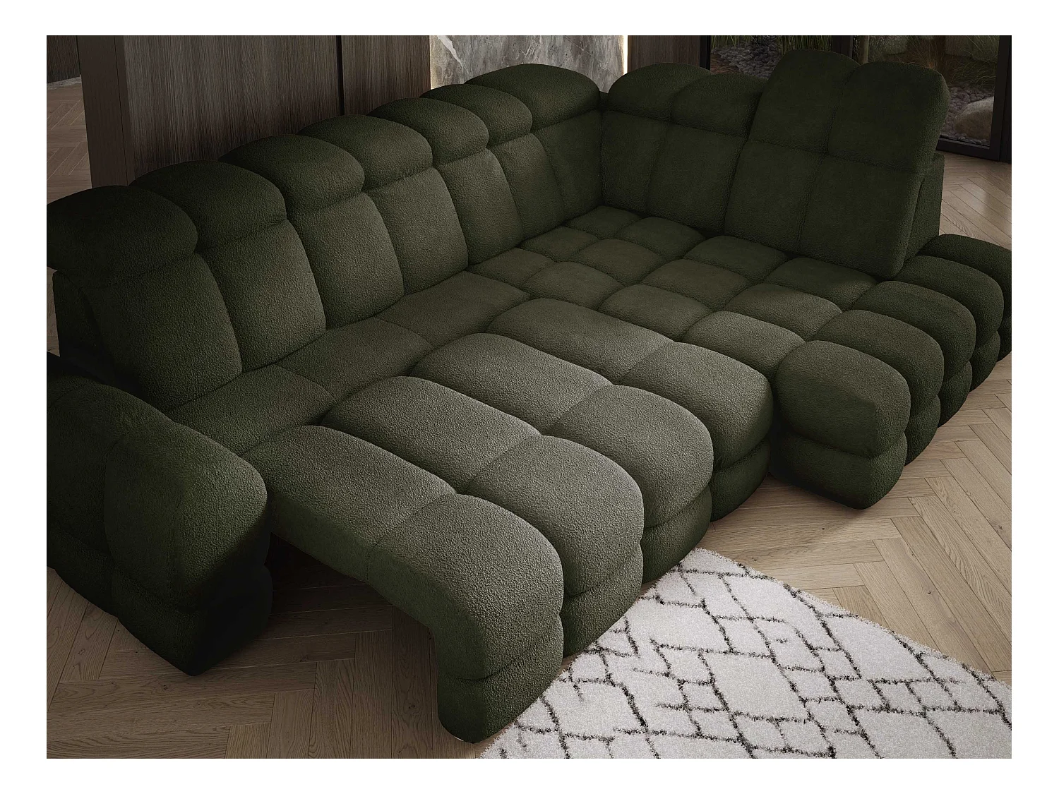 Narożnik Tollo Zielony Anthology, Prawa 302x217x105 cm, L-kształtny, Spanie, Pojemnik 120x85x17 cm, Elektryczna Regulacja