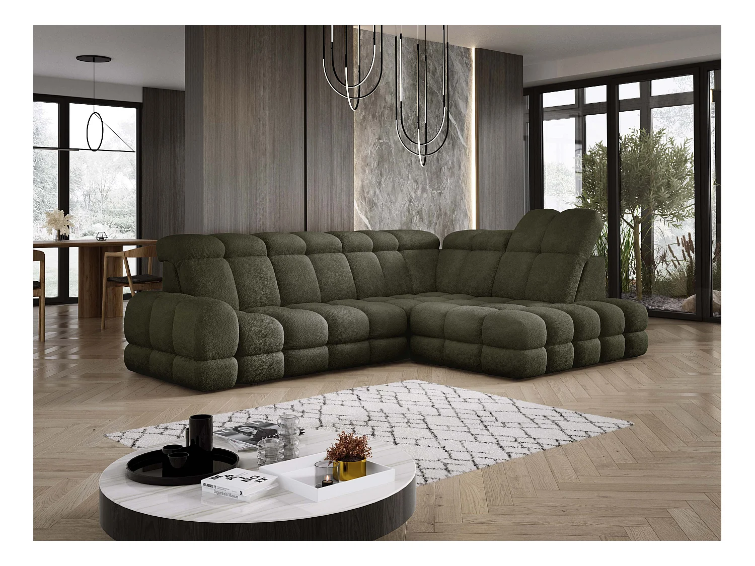 Narożnik Tollo Zielony Anthology, Prawa 302x217x105 cm, L-kształtny, Spanie, Pojemnik 120x85x17 cm, Elektryczna Regulacja