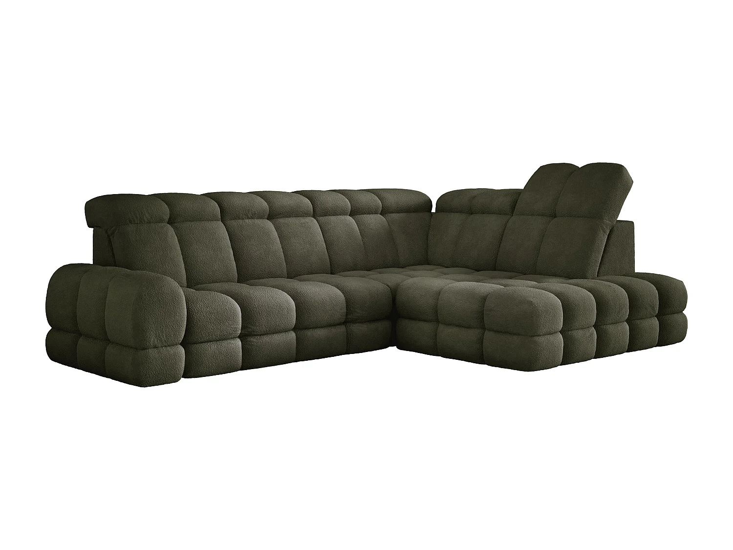 Canapé d'angle Tollo Vert tissu Anthology côté droit 302x217x105 cm, forme L, convertible, coffre 120x85x17 cm, réglable électriquement