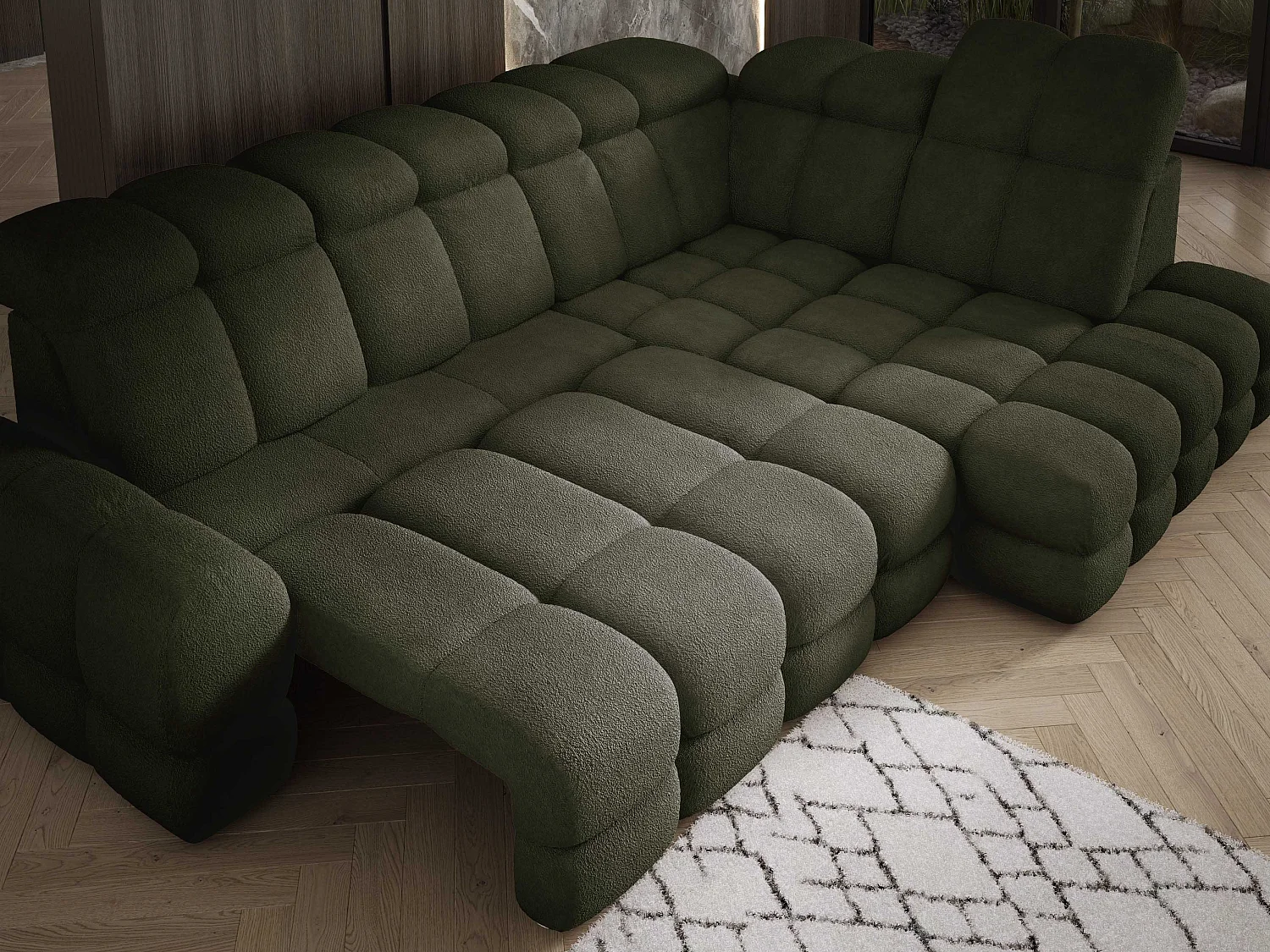 Canapé d'angle Tollo Vert tissu Anthology côté droit 302x217x105 cm, forme L, convertible, coffre 120x85x17 cm, réglable électriquement