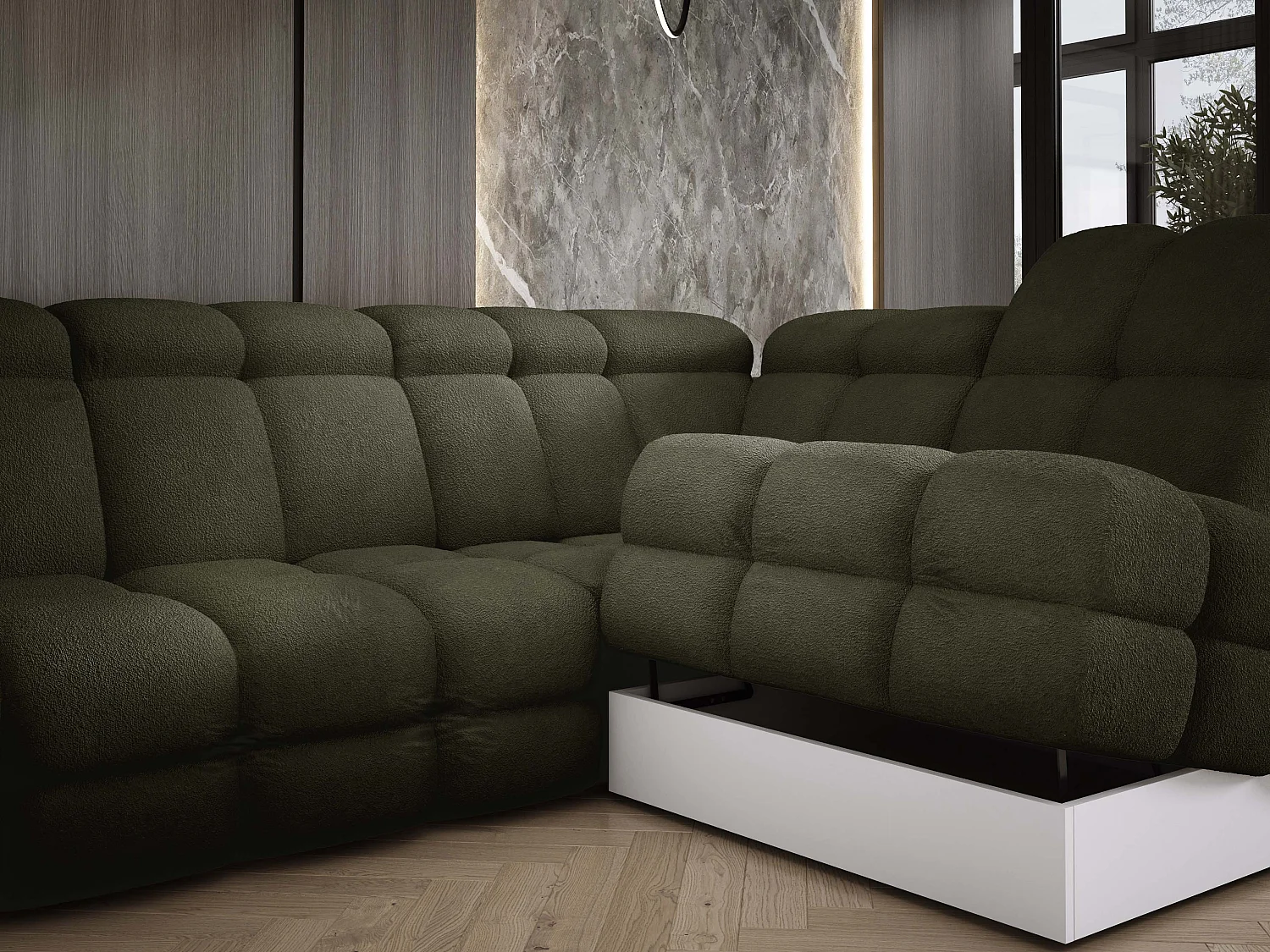 Canapé d'angle Tollo Vert tissu Anthology côté droit 302x217x105 cm, forme L, convertible, coffre 120x85x17 cm, réglable électriquement