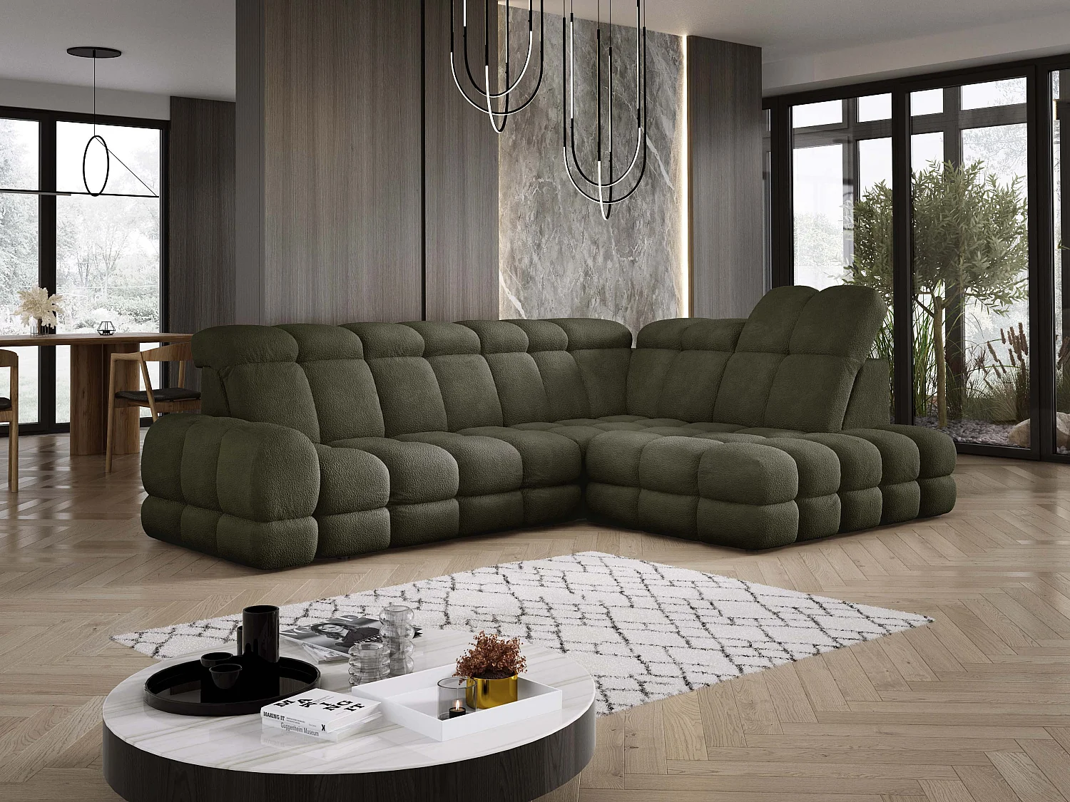 Canapé d'angle Tollo Vert tissu Anthology côté droit 302x217x105 cm, forme L, convertible, coffre 120x85x17 cm, réglable électriquement