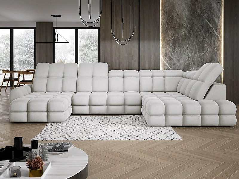 Canapé d’angle Tollo Frêne tissu Solar côté droit 400x217x105 cm, U-Form avec couchage, coffre 120x85x17 cm, réglable électriquement