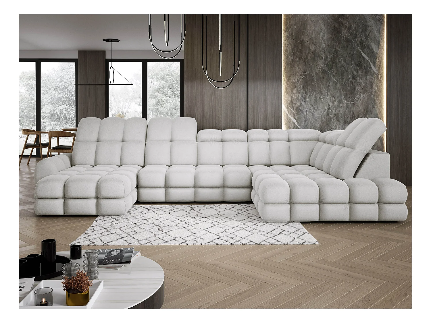 Ecksofa Tollo Esche Solar-Stoff Rechts 400x217x105 cm, U-Form, Schlaffunktion, Bettkasten 120x85x17 cm, elektrisch verstellbar