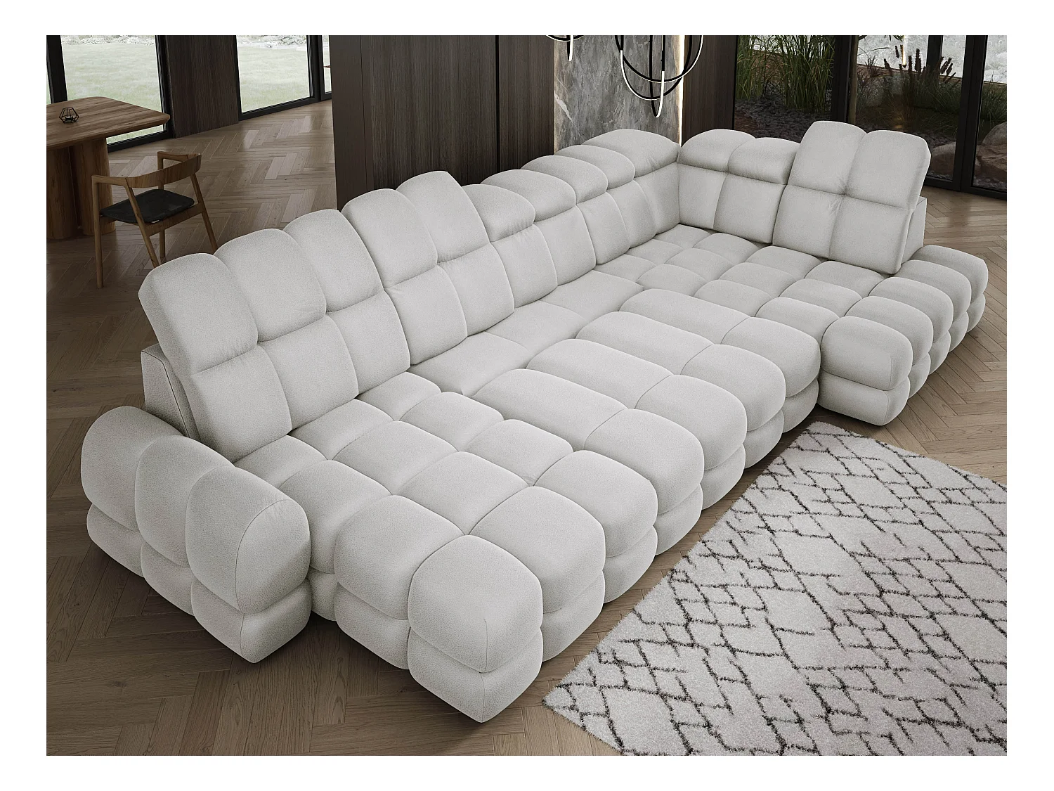 Ecksofa Tollo Esche Solar-Stoff Rechts 400x217x105 cm, U-Form, Schlaffunktion, Bettkasten 120x85x17 cm, elektrisch verstellbar