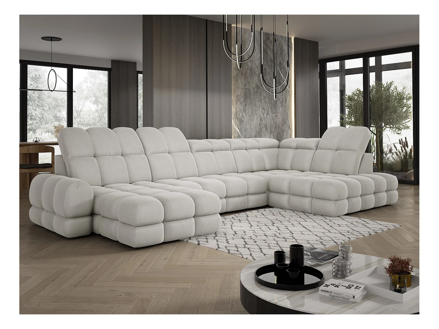 Ecksofa Tollo Esche Solar-Stoff Rechts 400x217x105 cm, U-Form, Schlaffunktion, Bettkasten 120x85x17 cm, elektrisch verstellbar