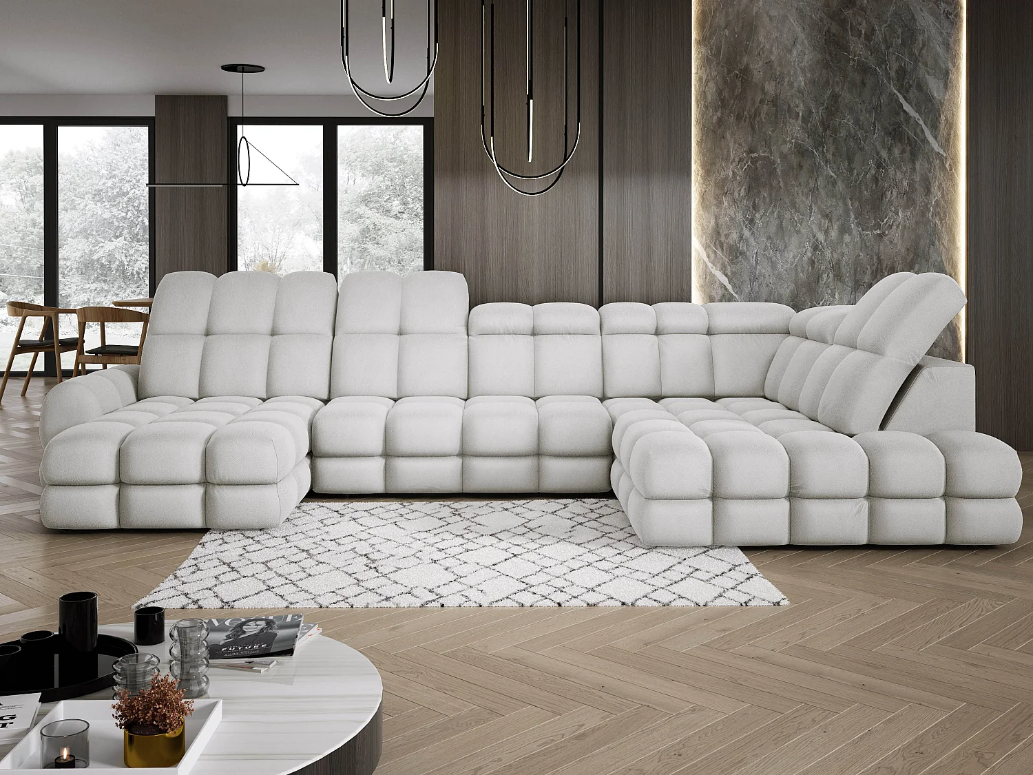 Canapé d’angle Tollo Frêne tissu Solar côté droit 400x217x105 cm, U-Form avec couchage, coffre 120x85x17 cm, réglable électriquement